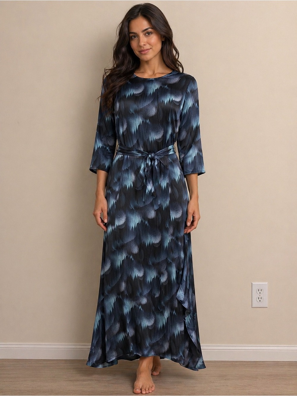 Aleeza Paris Blue Patterned Tie-Waist Maxi Dress with Three-Quarter Sleeves
